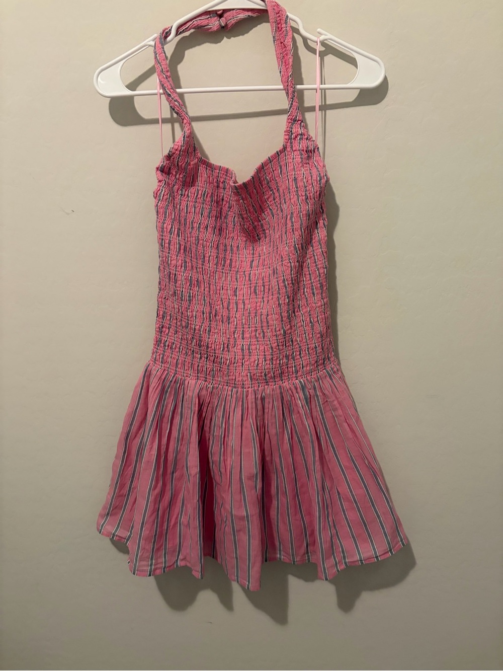 NWT Abercrombie Pink Halter Smocked Mini Dress with Blue Stripe - Picture 2 of 9